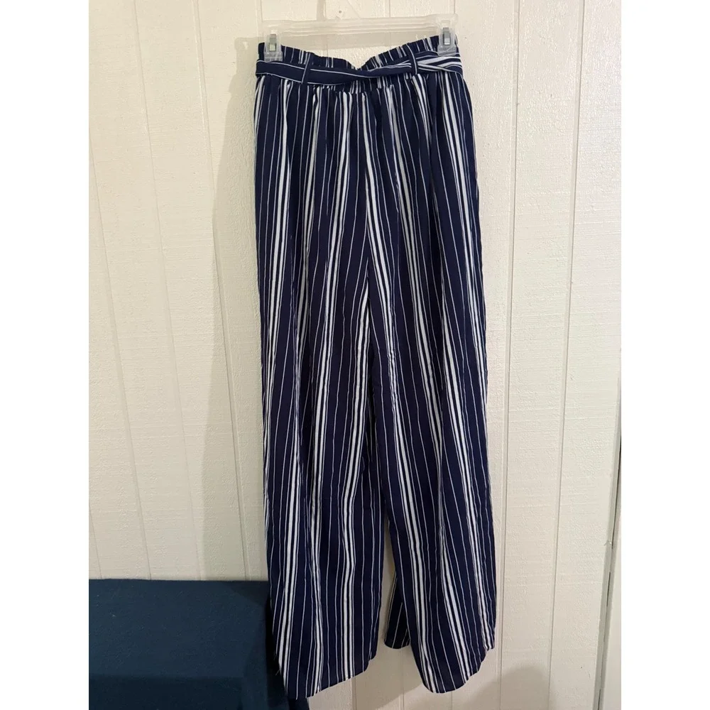 Favlux Fashion Navy White Striped 2 Piece Set Halter Crop Top Wide Leg Pants L